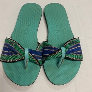 EUC Havaianas Green Dew Stripe You Saint Tropez Sandals Women's Size 7/8